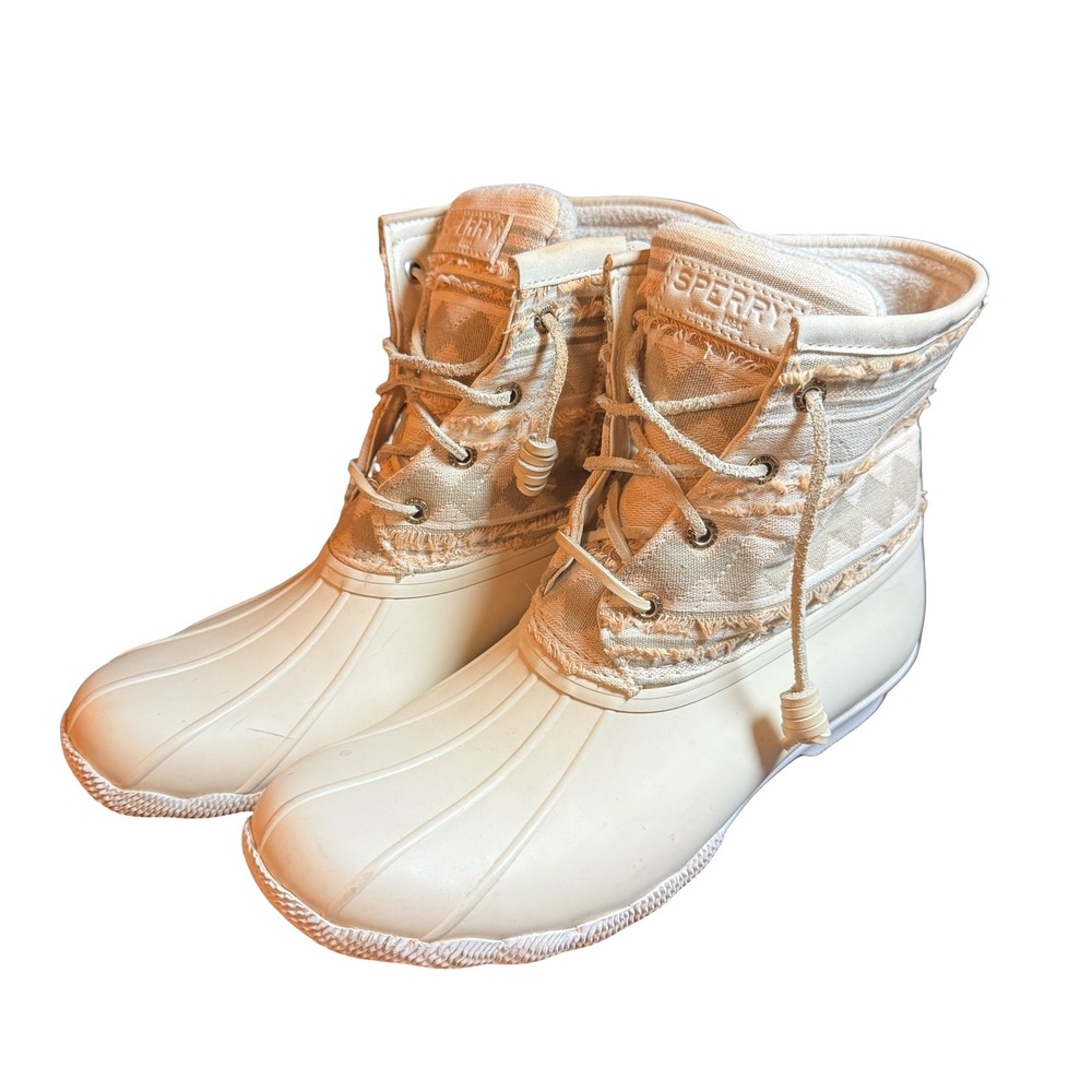 Sperry Saltwater Duck Boots Cream Beige Geometric Textile Womens 8.5 Western Boh